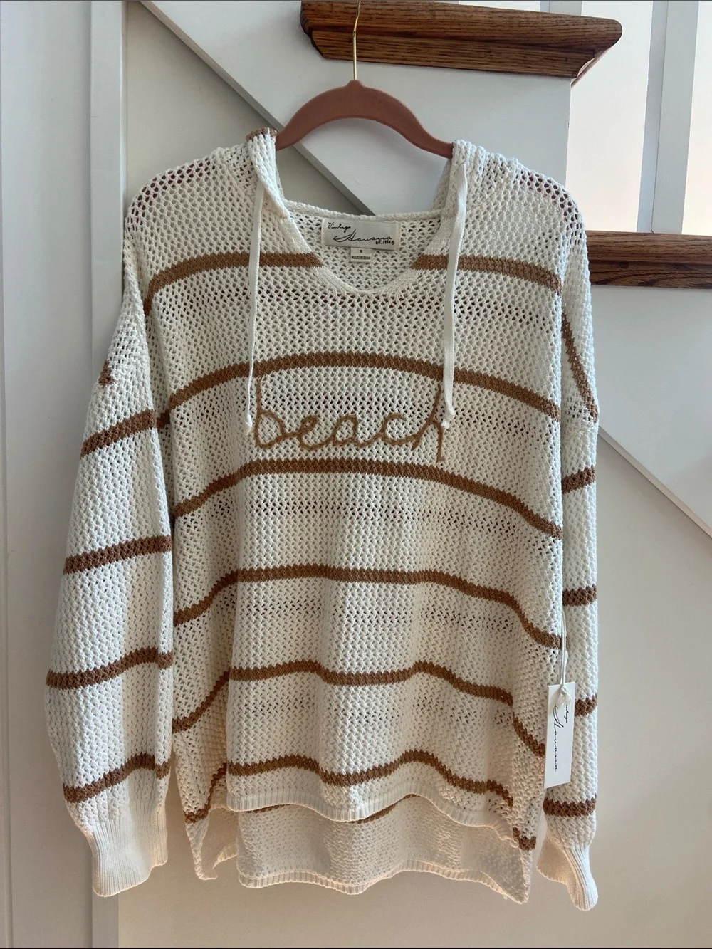 beachlunchlounge Cream & Brown Open-Knit Hoodie Sweater/ slouchy